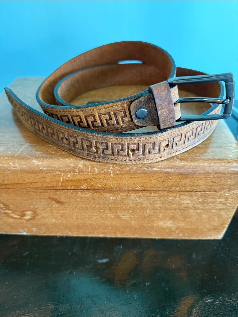 Like New Leather Belt Made in Greece with Greek Key (Meander) Pattern